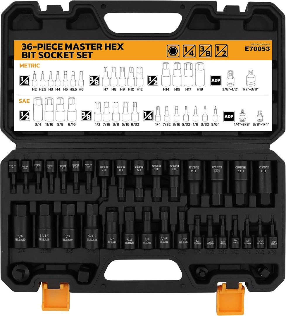 36-Piece One-Piece Hex Bit Socket Set includes Socket Adapter, 1/4", 3/8", 1/2", Cr-V Steel, SAE and Metric Set, Reinforced Storage Case, Automotive Mechanic Professional Master Tool Set