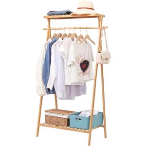 Jotsport Bamboo Clothing Garment Rack with 2 Tier Storage Shelf Clohes Hanging Stand Portable Closet Organizer for Bedroom Small Apartment Guest Room Laundry Room