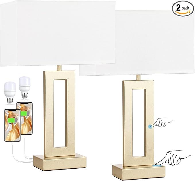 Seealle Nightstand Table Lamps for Bedrooms Set of 2  Touch Bedside Lamp with USB C+A, 3 Way Dimmable Living Room Lamps for End Tables Set of 2(White&Gold)