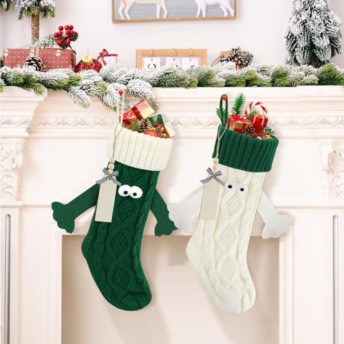 Christmas Stockings Magnetic Holding Hands Socks with Name Tags, Knitted Christmas Stocking Stuffers Boys Girls Personalized Xmas Party Home Decor Funny Socks Gifts, Green and White, 2 Pack