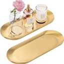 Gold Decorative Tray, 2 PCS Bathroom Vanity Tray for Dresser Counter, Elegant Jewelry Dish Tray for Decor, Gold Platter Serving Tray Organizer for Perfume Trinket Key Candle, Stainless Steel, Oval