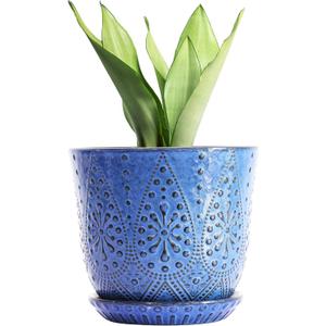 Gepege 10 Inch Plant Pot, Ceramic Planter with Drainage Holes and Saucers for Plants Indoor and Outdoor Flower Pot (Blue)