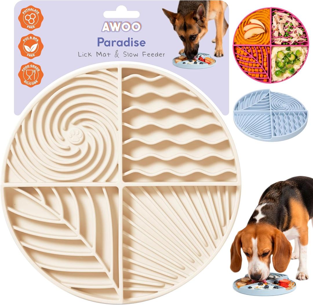 Awoo Paradise Silicone Dog & Cat Lick Mat & Slow Feeder with Suction Cups, Non-Slip, Dishwasher Safe, Extend Mealtime, Reduce Anxiety (Almond)