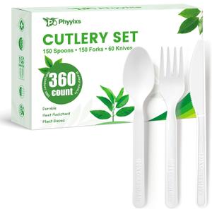 360 Count Compostable Cutlery Set - 150 Forks, 150 Spoons, 60 Knives. Extra Heavy Duty Silverware, Heat Resistant & BPA-Free. Disposable Utensils for Wedding, Party, Daily Use.