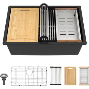 Lordear Undermount Kitchen Sink Composite Granite Sink Quartz Sinks Workstation 28 Inch Black Under Counter Kitchen Sinks 28x19 Inch