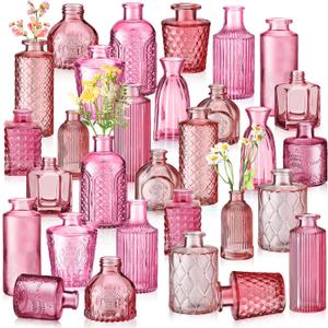 Yaomiao 30 Pcs Vases Bulk Colored Flower Glass Bud Vases Valentine Vintage Colored Glass Bottles Colorful Rustic Embossed for Home Wedding Table Decorations Gifts(Pink Series)