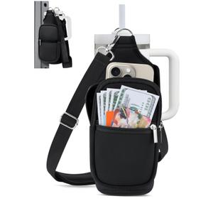 IPOW Magnetic Gym Bag Water Bottle Carrier Holder with Phone Pockets & Shoulder Strap for Men Women,Water Bottle Holder, Gym Pouch, Crossbody Bag for Travel, Sports, Work, Fitness - Black