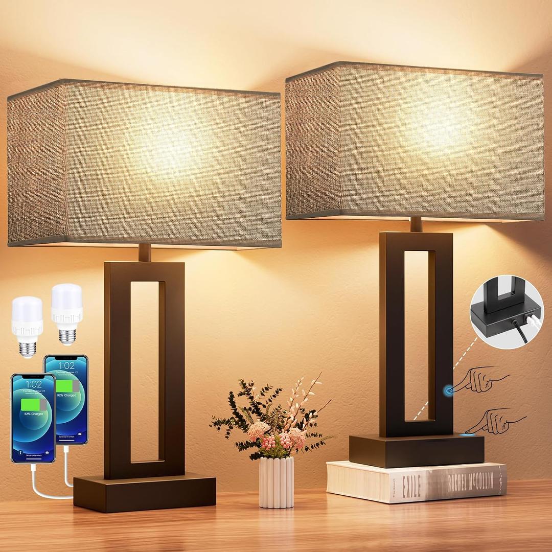Seealle Nightstand Table Lamps for Bedrooms Set of 2 - Touch Bedside Lamp with USB C+A, 3 Way Dimmable Living Room End Tables 2, Modern Night Stand Bed Side Guest Room(Grey) B. Grey