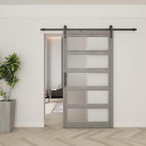BARNSMITH 48in x 96in Glass Barn Door and 8FT Sliding Door Hardware Included, 5-Panel Frosted Glass, Solid Wood Covered with Water-Proof PVC Surface, Easy Assembly, Grey (Gray)