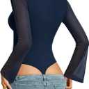 MANGOPOP Women's Square Neck Bell Sleeve Bodysuit Mesh Double Lined Body Suits Trend Going Out Tops Fall Outfits 2025, L