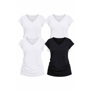 Womens Casual Tops V Neck Cap Sleeve T Shirt Loose Fit Summer Basic Tee for Spring Fashion, Vacation Beach Wear XL Size, Pack of 4
