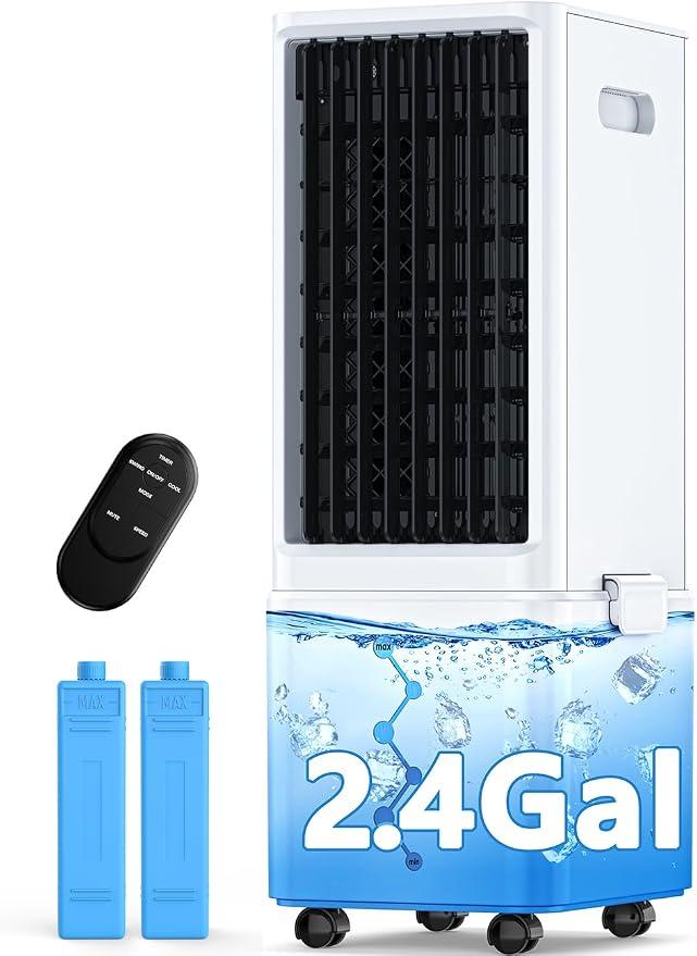 COOLECH Windowless Air Conditioner w/4 Mode&3 Speed, Waterless Alert, 2.4-Gal Tank for 24H Cooling, 12H Timer,20FT Remote, 70° Auto Swing Evaporative Air Cooler, Portable Air Conditioners for Bedrooms