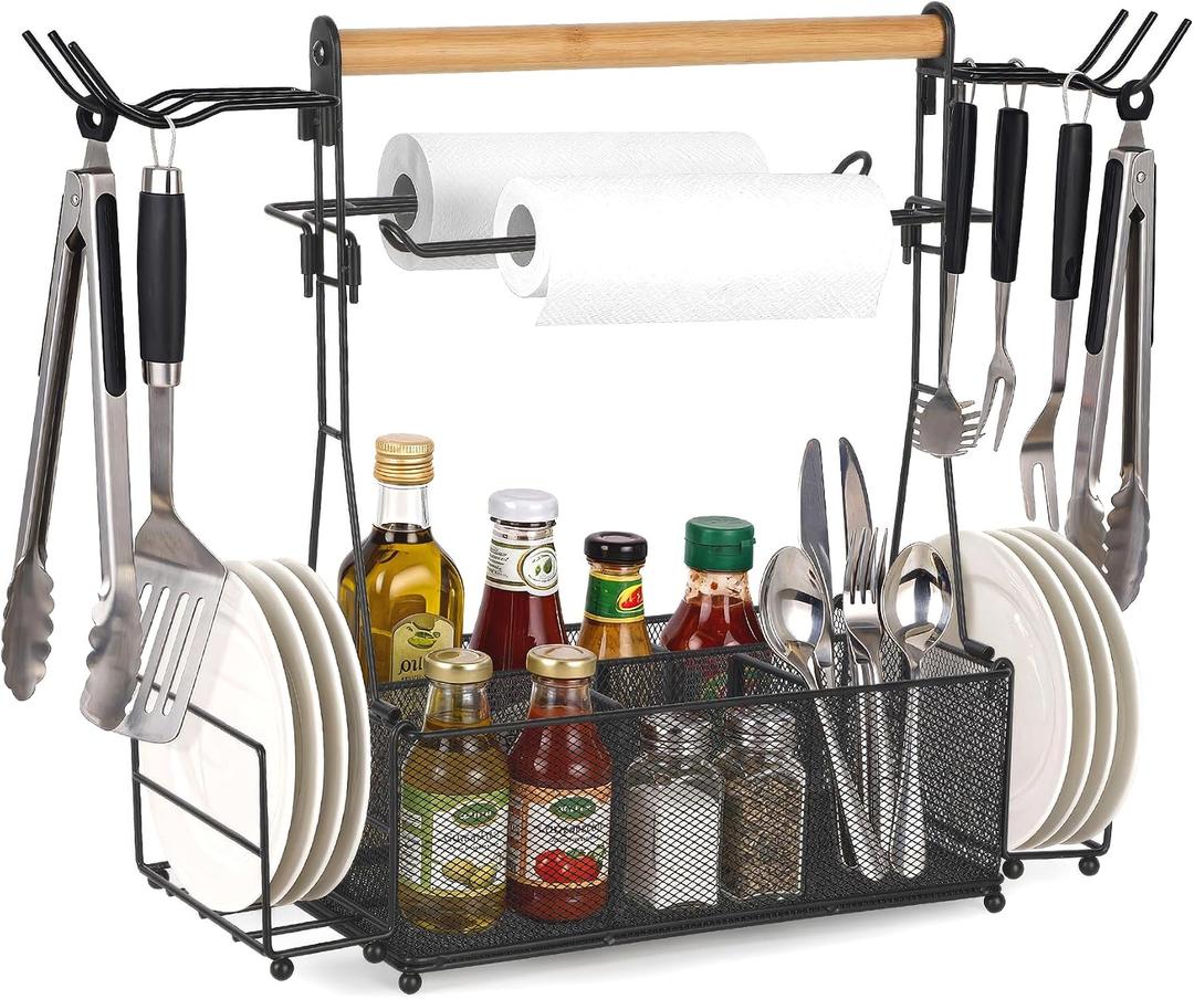 Grill Caddy Barbecue Tool Sets for Outdoor Grill, Picnic BBQ Caddy Picnic Utensil Condiment Organizer, BBQ Accessories Camping Gifts with Paper Towel Holders, Compartments & Hooks