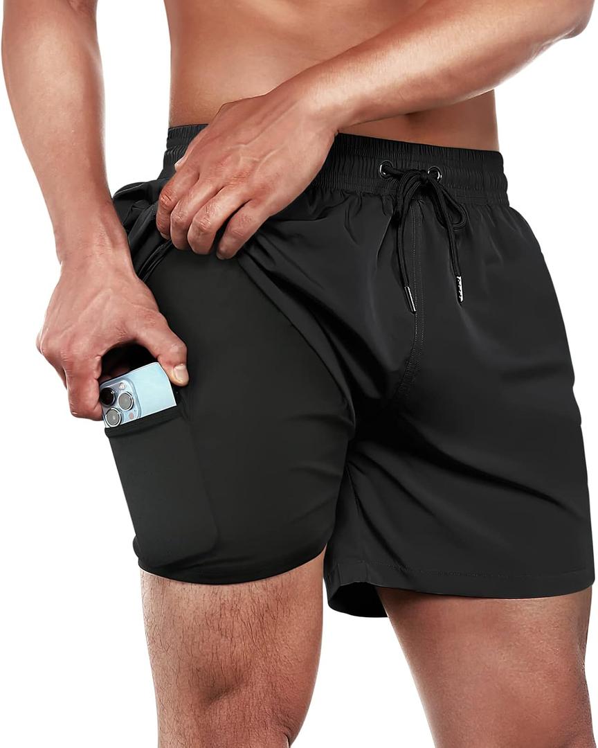 BRISIRA Mens Swim Trunks Swim Shorts Quick Dry 5 inch Inseam Beach Shorts with Compression Liner and Zipper Pocket (M) (Black, M)