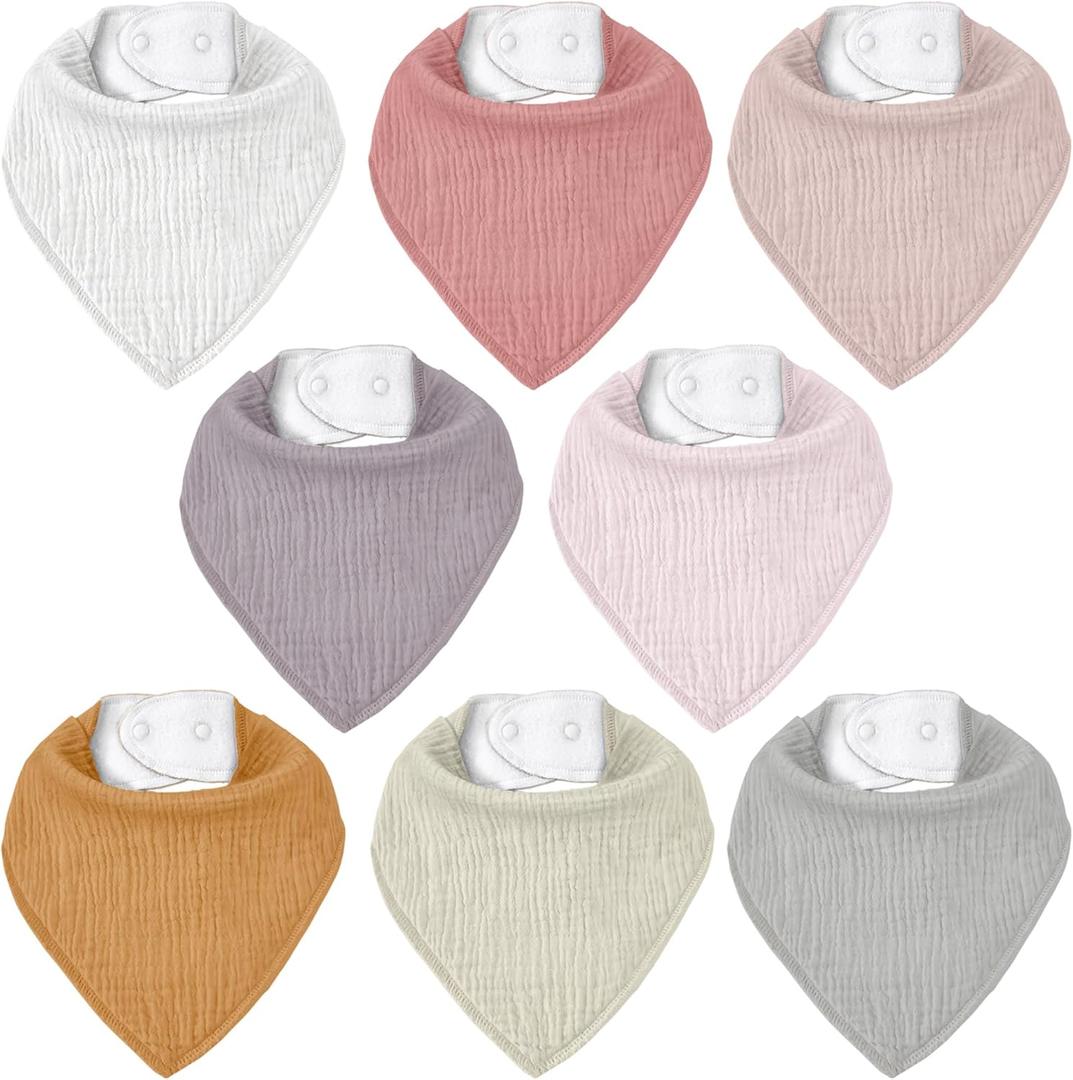 Muslin Baby Bibs 8 Pack, Baby Bandana Drool Bib for Drooling and Teething, Cotton Soft Absorbent for Girls Boys (Macaron Pink)