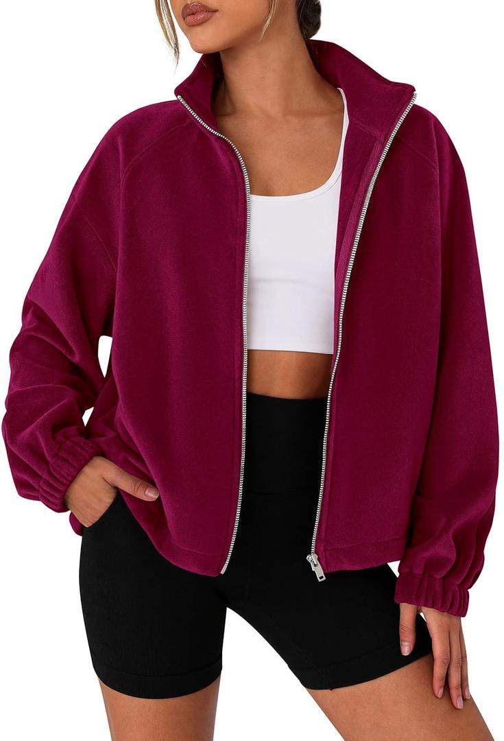 PRETTYGARDEN Womens 2026 Winter Fleece Sherpa Jacket Trendy Long Sleeve Zip Up Cropped Warm Coat Fall Fashion Workout Clothes (X-Large, Burgundy)