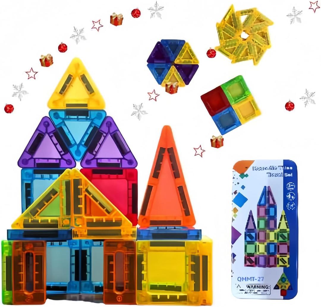 Mini Magnetic Tiles Toys, 27PCS Portable Magnetic Tiles with Storage Box, STEM Educational Building Blocks for Kids Ages 3 4 5 6 Toddler Gifts (Blue)