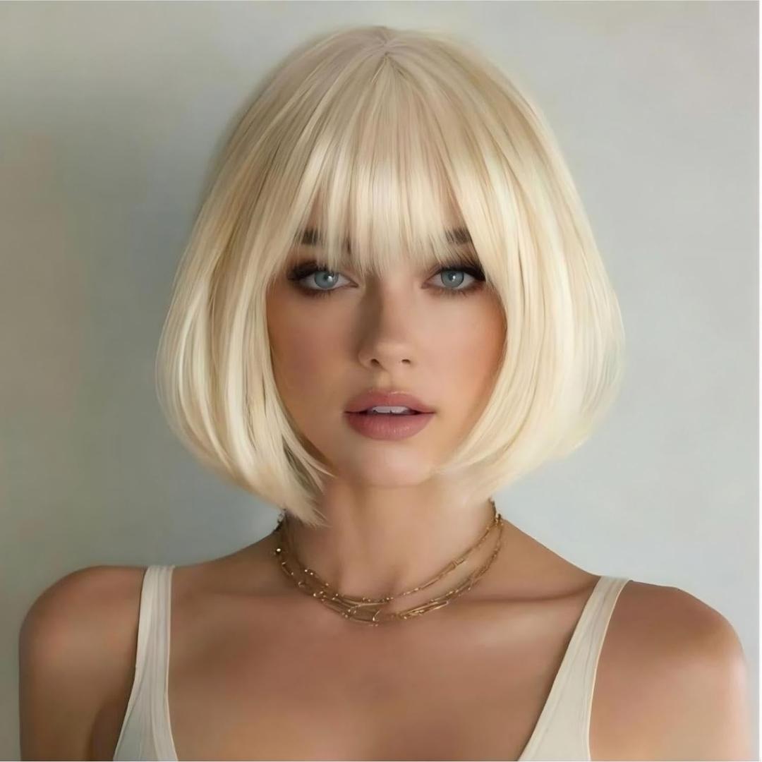 12 Inch Short Bob Blonde Wig with Bangs, Bob Wig for Halloween Daily Cosplay & Party Use, Blonde