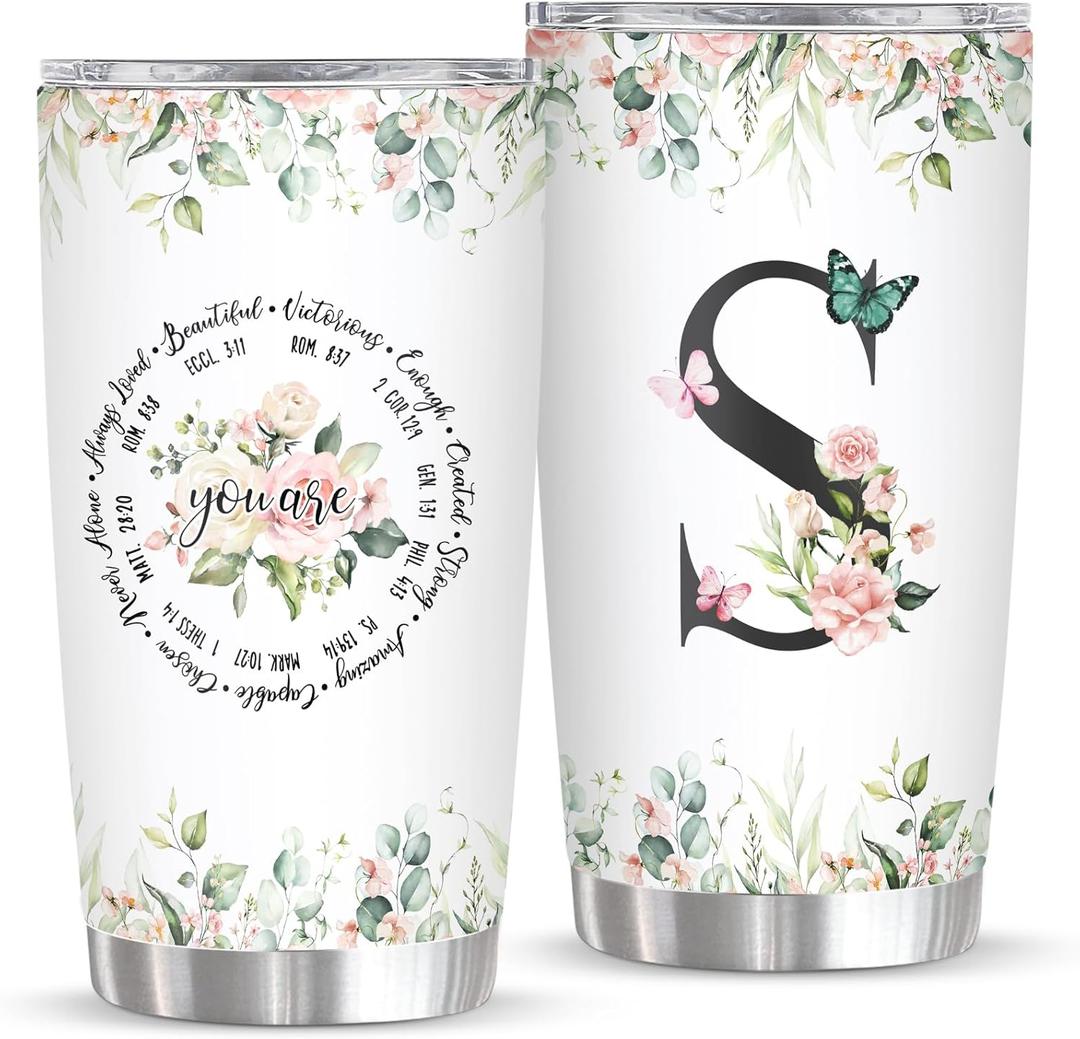 Personalized Initial S Tumbler 20oz, Monogrammed Gift for Women Birthday Mothers Day Religious Gift, Personalized Christian Gift for Women Initial Coffee Mug