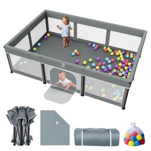 Foldable Baby Playpen with Mat - 74"X50" Large Play Yard for Babies and Toddlers - Indoor & Outdoor Portable Playpen with Storage Bag & 30 Ocean Ball - Baby Fence with Visible Mesh & Zipper Door,Grey