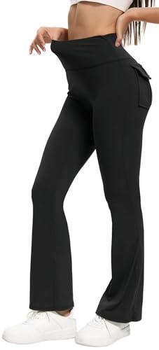 Women's Flare Leggings with Pockets High Waisted Butt Lifting No Front Seam Tummy Control Bootcut Yoga Pants for Women Black M