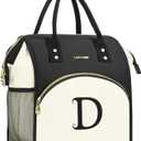 Personalized Lunch Bag for Women, Preppy Reusable Insulated Initials Lunch Box Gift for Friend Large Wide-Open Water Resistant Adult Cooler Tote Bag for Work, Travel, Picnic - Black D