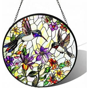 Hummingbird Sun Catcher Stained Glass Window Hanging - Wildflower and Bird Suncatchers for Windows Stained Glass Suncatcher6.3 inch