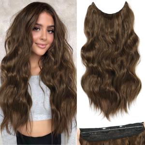 Halo Hair Extensions 20 Inch Invisible Wire Hair Extensions Adjustable Long Wavy Hairpiece Synthetic Upgrade 4 Secure Clips in Hairpieces 20 Inch,Medium Brown