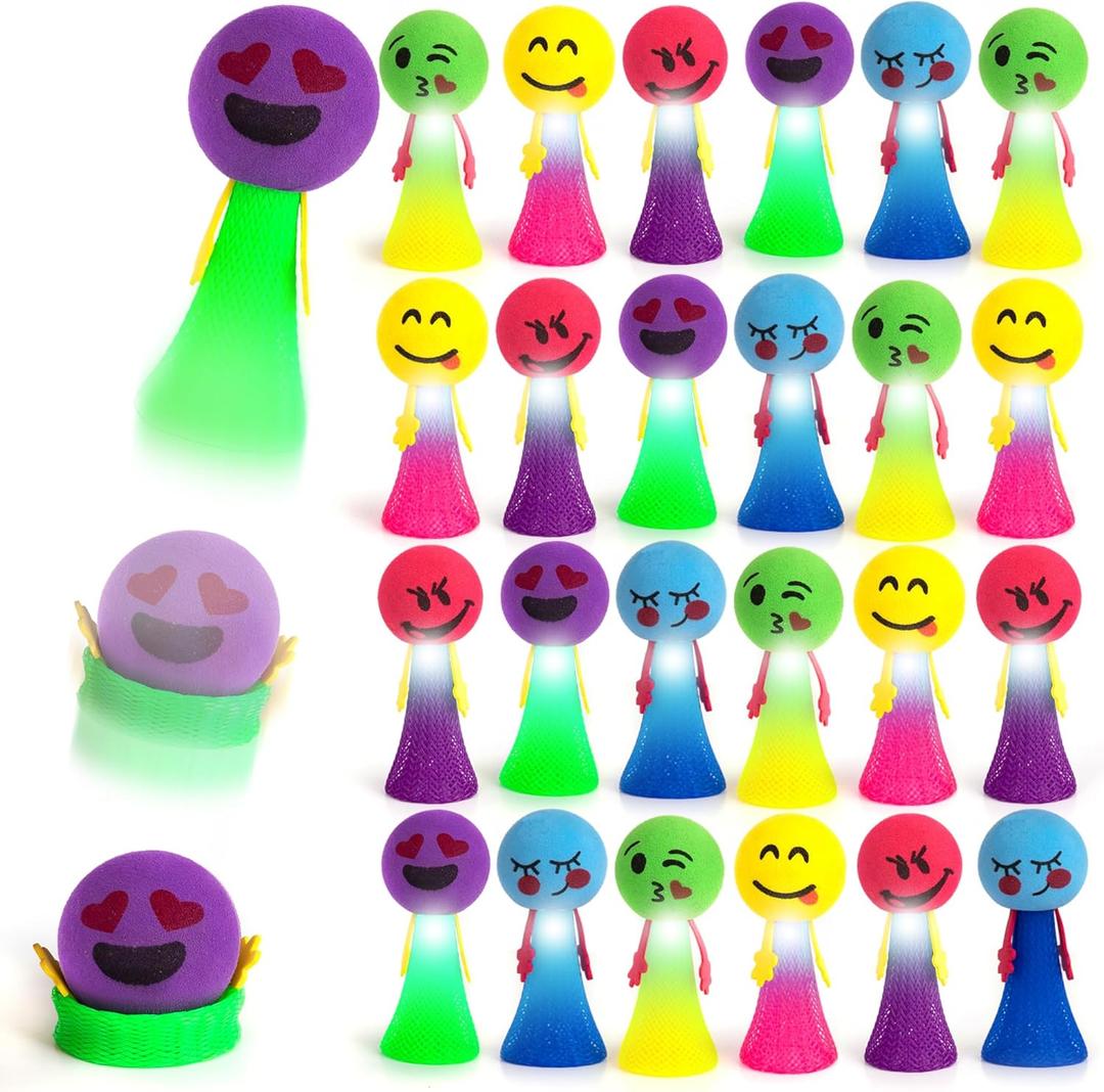 ArtCreativity 24 PC Emoticon Jumping Popper Toys, Light Up Jumping Spring Launchers with Flashing LED's, Pop Up to 4 Feet High, Kids Jumping Toys, LED Light Up Party Favors for Kids Goodie Bags