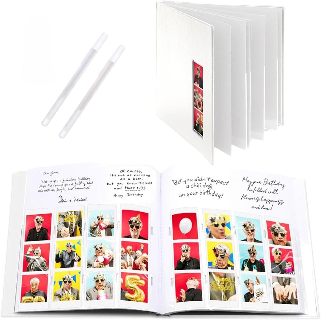 PBF (1 Pack) Photo Booth Album, Guest Book with 2x6 Clear Picture Inserts, White Cover with Plastic Sleeves & White Pages, Scrapbook Album for Photo Strips, Memory Book, Wedding, and Baby Showers