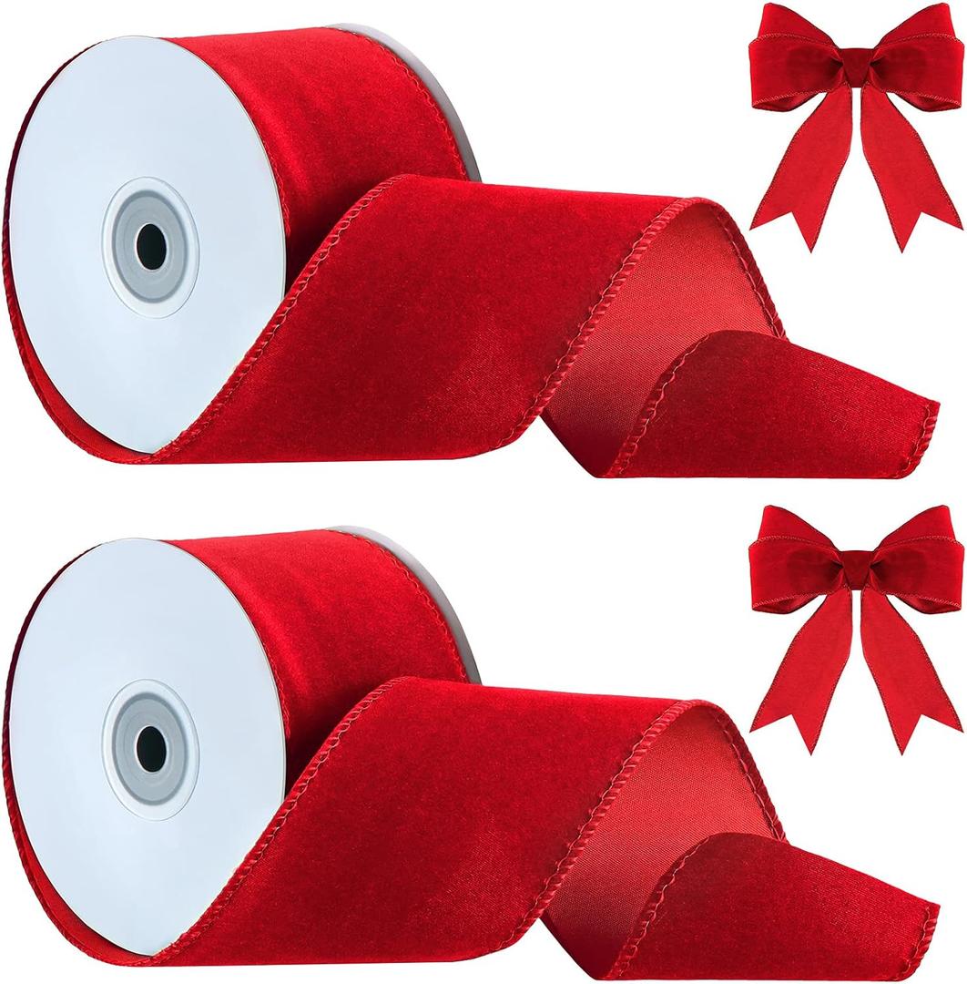 Lyrow 2 Rolls Valentines Day Ribbon 2.5 Inches Velvet Satin Vintage Wide Wired Edge Wrapping Ribbon for Wreath Making and DIY Crafts Wedding Decorating Xmas Gift Wrapping(20 Yards, Red)