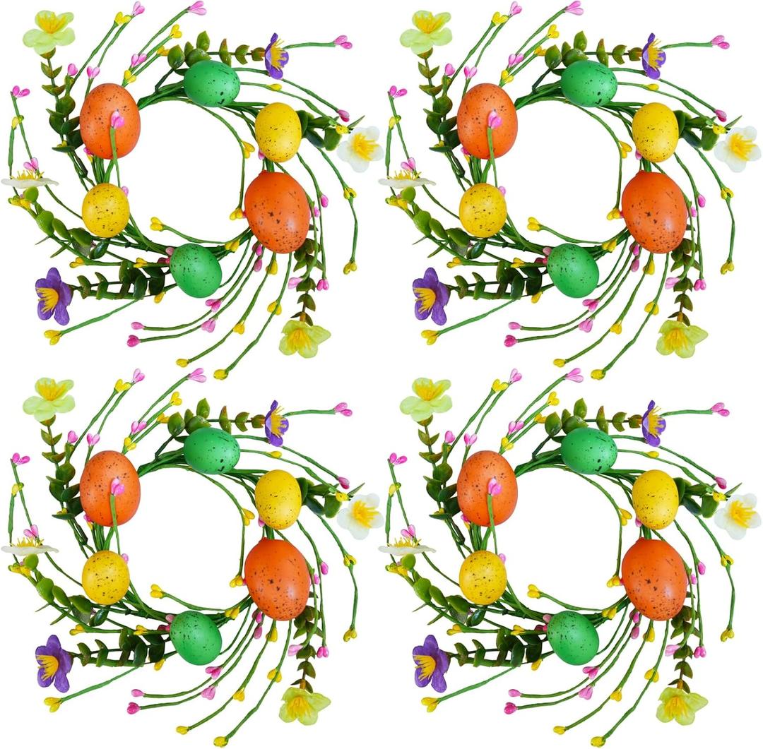 Winlyn 4 Pcs Easter Egg Candle Rings Spring Artificial Flower Berry and Egg Candle Holder Wreaths Mini Easter Wreaths 8.3" for Easter Tables Centerpieces Holiday Party Spring Home Mantel Door Dcor