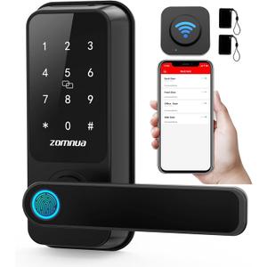 WiFi Smart Lock with Handle,Zomnua Fingerprint Lever Keyless Entry Door Lock with Keypad, Alexa Digital Electronic Smart Deadbolt for Front Door with Gateway,Bluetooth App, Fob Keys