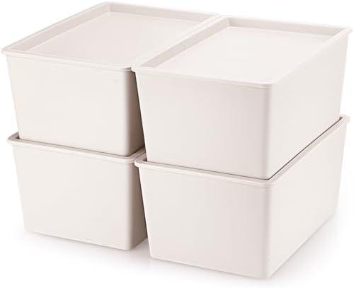Menkxi 3 Pcs Storage Bins with Lids Plastic Stackable Containers for Organizing Shelves Christmas Ornament Box Baskets(Beige,Large)