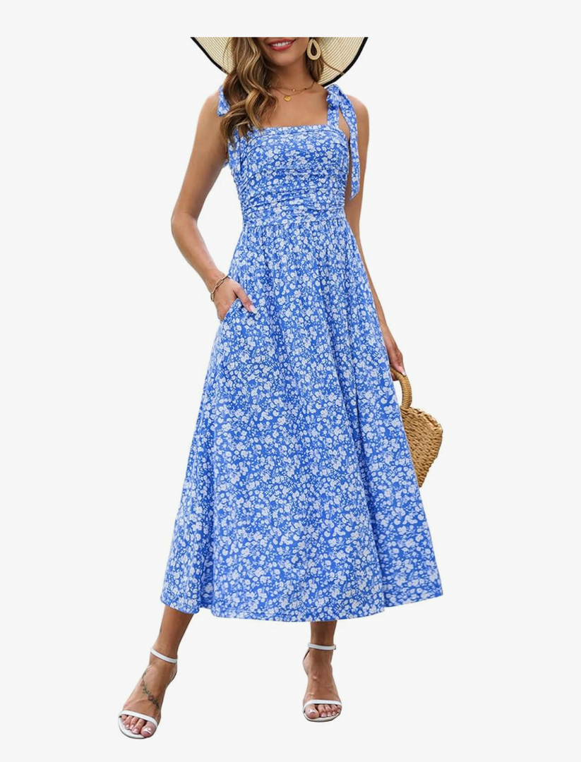 Zattcas Womens 2025 Summer Spaghetti Strap Floral Maxi Dress with Pockets Smocked Flowy Long Beach Vacation Sundresses, Size L