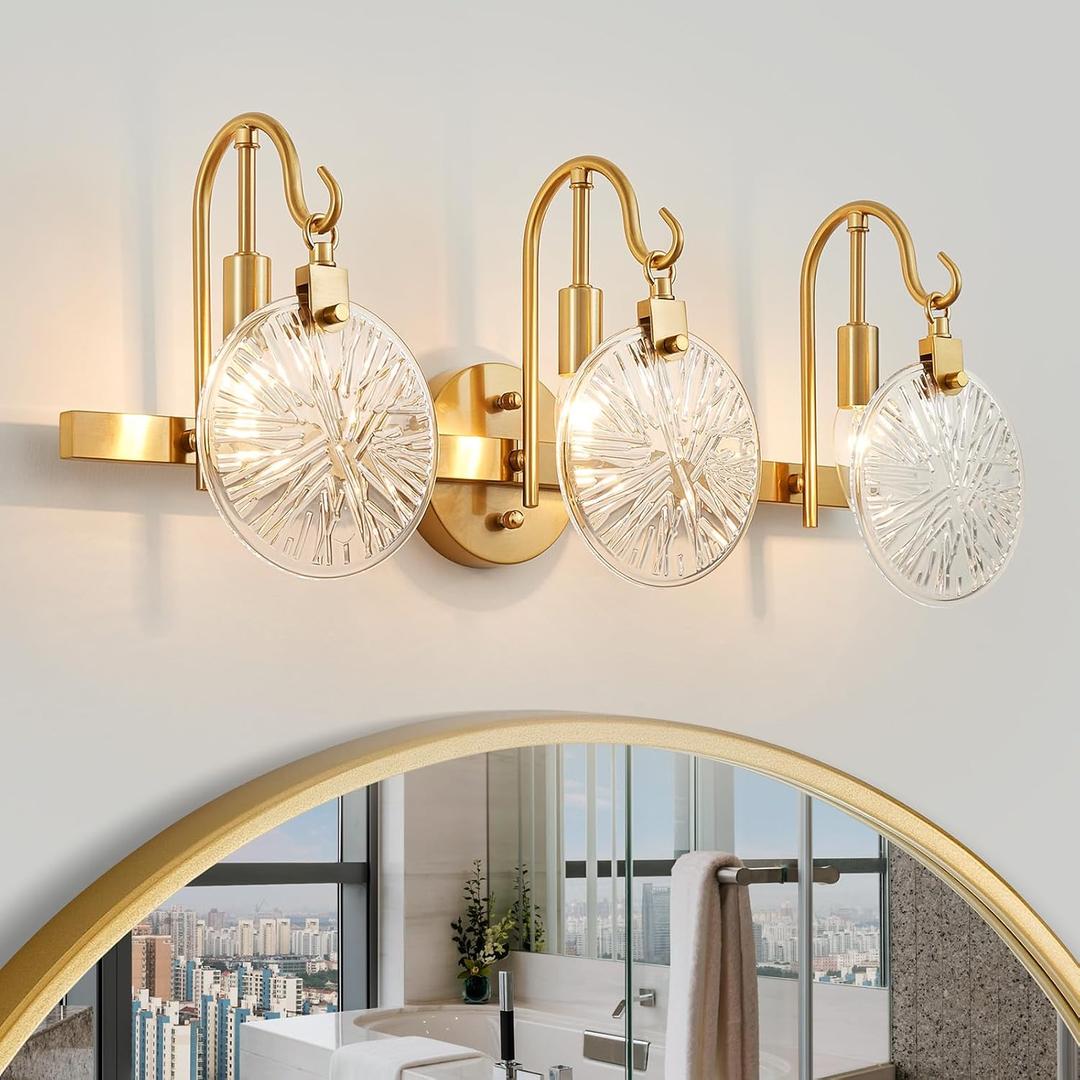 WUZUPS 3-Light Bathroom Light Fixture Over Mirror Morden Vanity Wall Sconces Clear Glass Shade for Bedroom Living Room, E12 Base, Brass Gold, Glass Shade