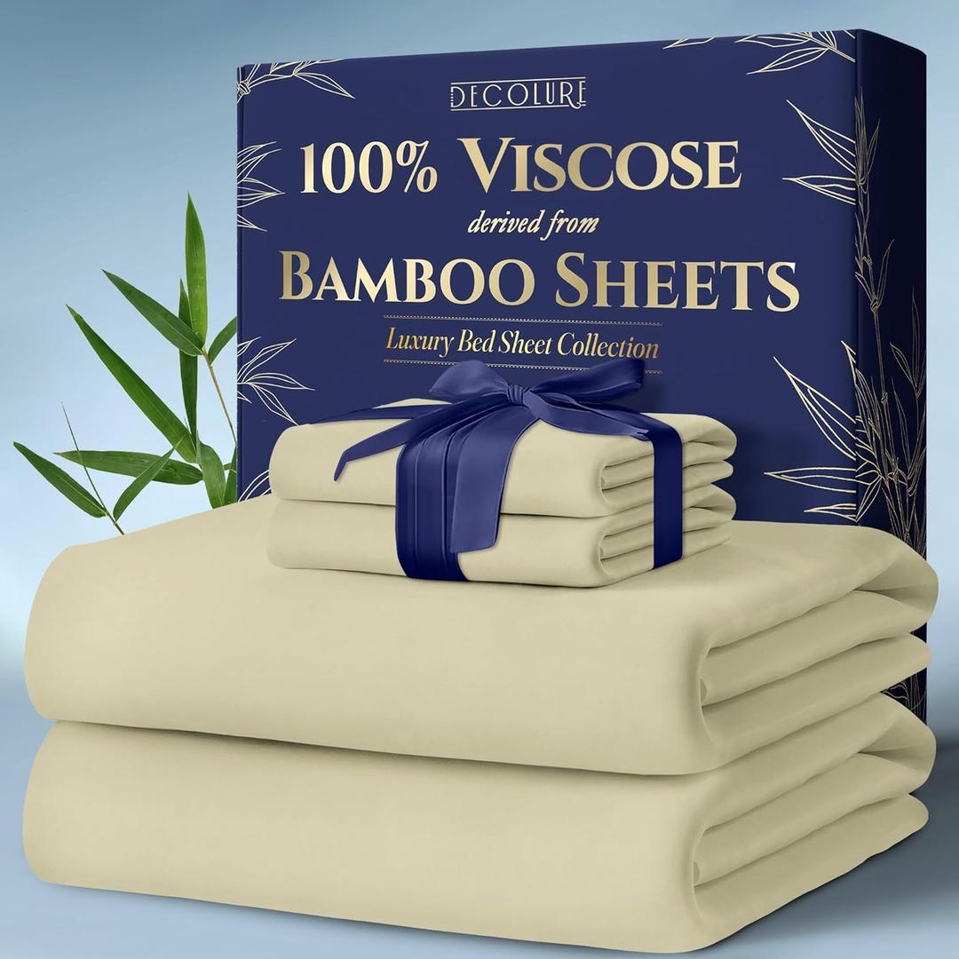 DECOLURE 100% Viscose Derived from Bamboo Sheets King Size 4pcs - Ultra Soft & Luxuriously Cooling, 17" Deep Pocket, Double Stitching, Perfect for Hot Sleepers - King Bed Sheets (Creme)