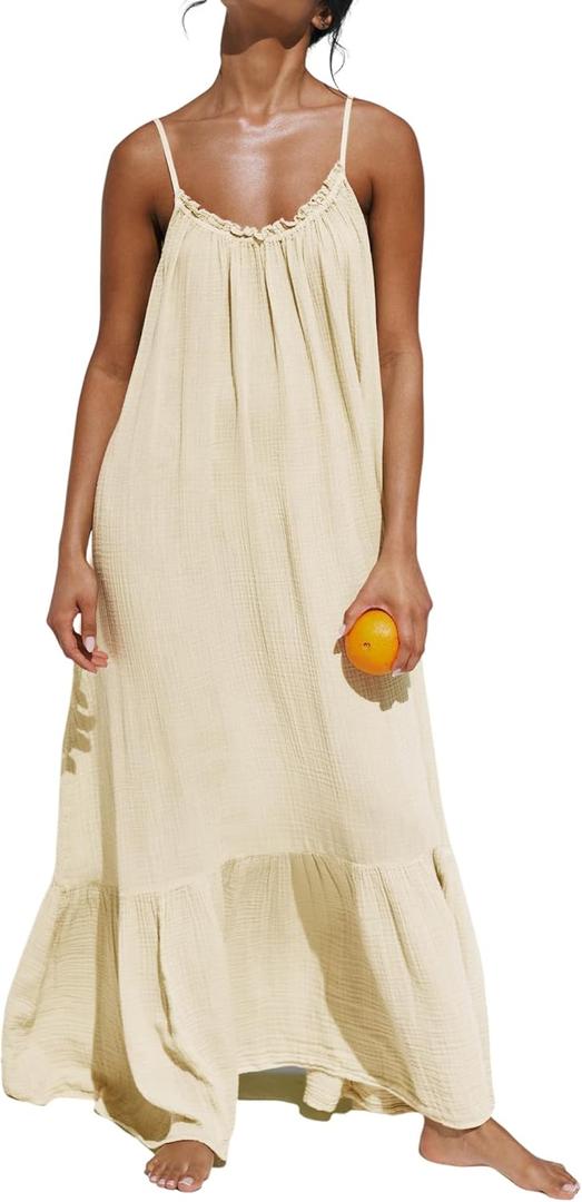R.Vivimos Women's Summer Cotton Maxi Dress Adjustable Spaghetti Strap Boho Casual Backless Ruffle Loose Fit Flowy Dress (Large, Beige)