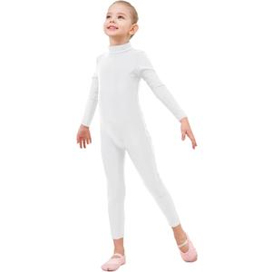 Girls Unitards Long Sleeve Full Body Leotard Kids Turtleneck Bodysuit for Dance Costume Gymnastics (5-6 Years, White)