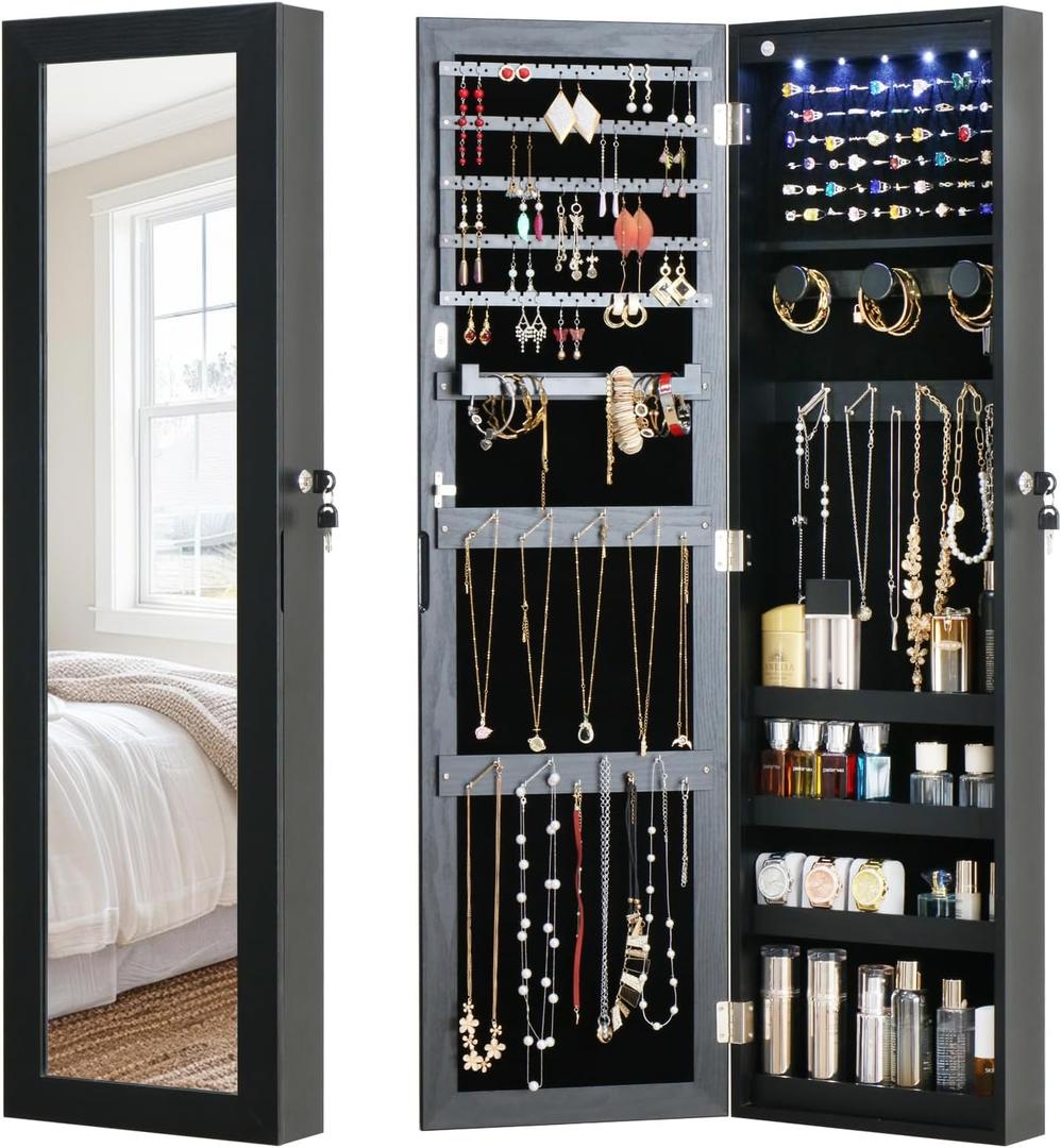 Full Length Mirror Jewelry Cabinet Organizer Lockable Door Wall-Mounted Jewelry Armoire with Shelves and Behind the Door Storage Black, 43.3*12.4 Standard Mirror