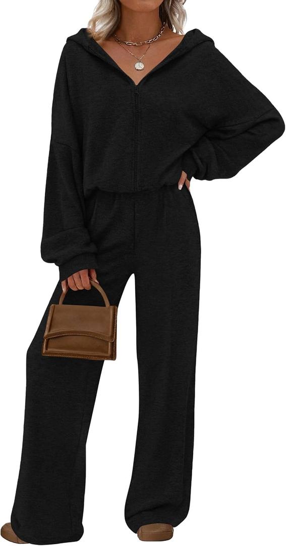 PRETTYGARDEN Women's 2 Piece Fall Lounge Sets 2025 Zip Up Hoodie Wide Leg Pants Tracksuit Matching Travel Outfits Clothes (Black, Medium)