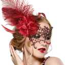 Zinniday Feather Masquerade Masks for Women - 2026 Lace Mask Shiny Rhinestone for Woman Couples Renaissance Carnival (Red)