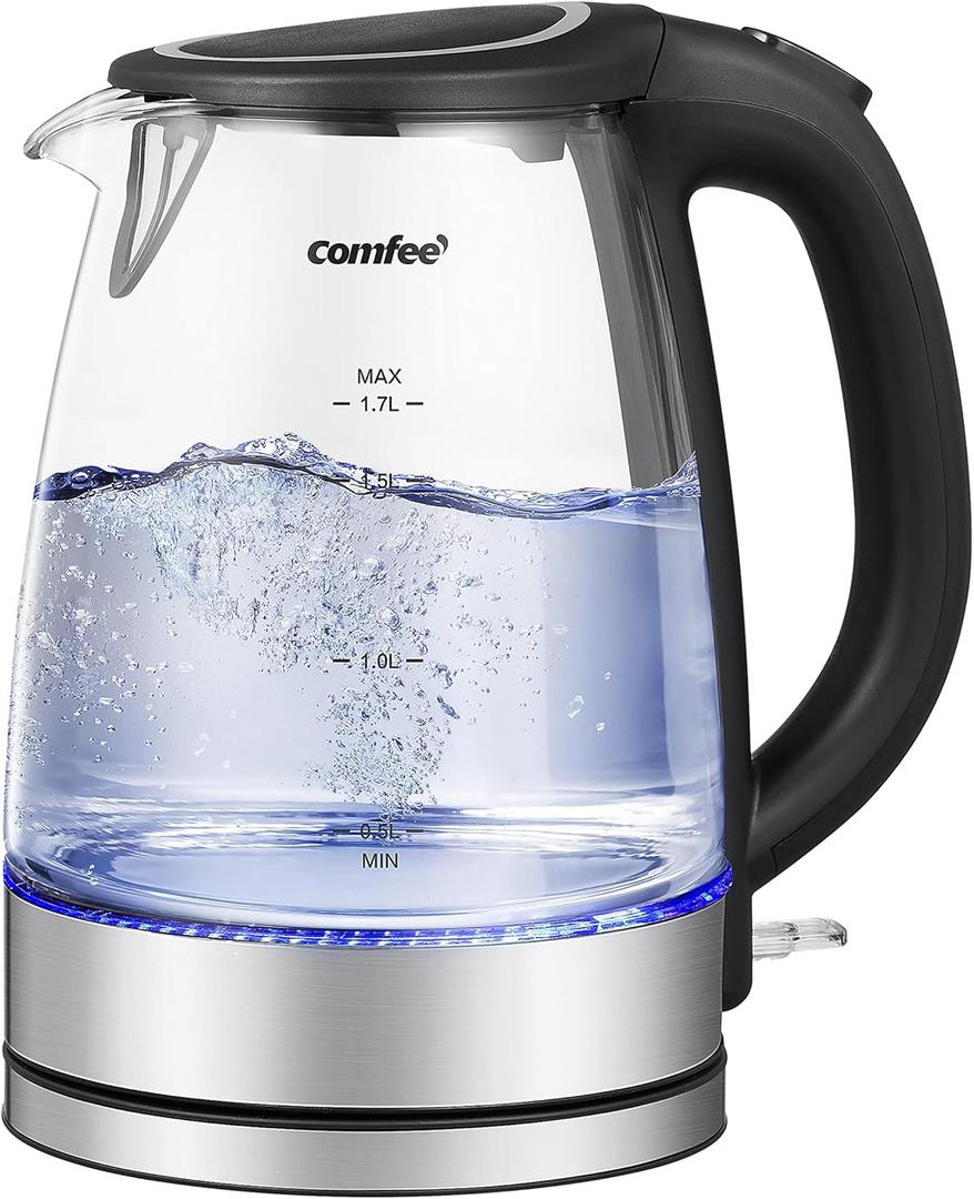 COMFEE' Glass Electric Tea Kettle & Hot Water Kettle Electric, 1.7L Electric Kettle with LED Indicator, 1500W Fast Boil, Auto Shut-Off and Boil-Dry Protection (1.8 Quarts, Black)