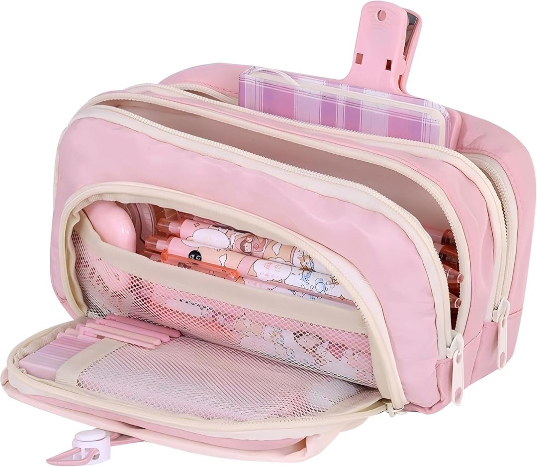 Large Pencil Pouch Big Pencil Case Big Capacity Aesthetic Pen Cosmetic Bag Pen Stationery Organizer Simple, College Office Home Travel Storage Bag (Pink)