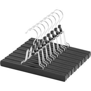 AMKUFO 12 Pack Black Wooden Pants Hangers with Clips Non Slip Skirt Hangers Trouser Clamp Hanger Solid Wood Hanger with 360 Swivel Hook