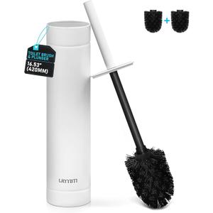 304 Stainless Steel Toilet Bowl Brush with Holder, 2 Black Bristle Heads- Toilet Scrubber and Covered Holder, Toilet Brushes for Bathroom-Space Saving, Covered Brush, Deep Cleaning (White)