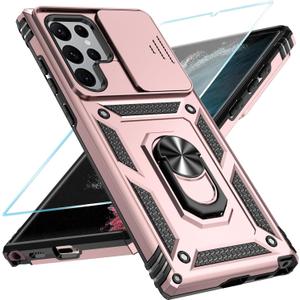 SunStory Phone Case for Samsung Galaxy S22 Ultra 5G Case with HD Screen Protector & Slide Camera Cover & Rotated Ring Kickstand, [Military-Grade] [2 IN 1] Phone Case for Galaxy S22 Ultra 6.8",Rose Gold