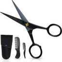 Ontaki 5" Professional German Beard & Mustache Scissors with 2 Comb & Carrying Pouch for Men - Bevel Edge for Precision - Facial Hair Grooming Kit All Body Hair - Black - Beard Trimming Scissors