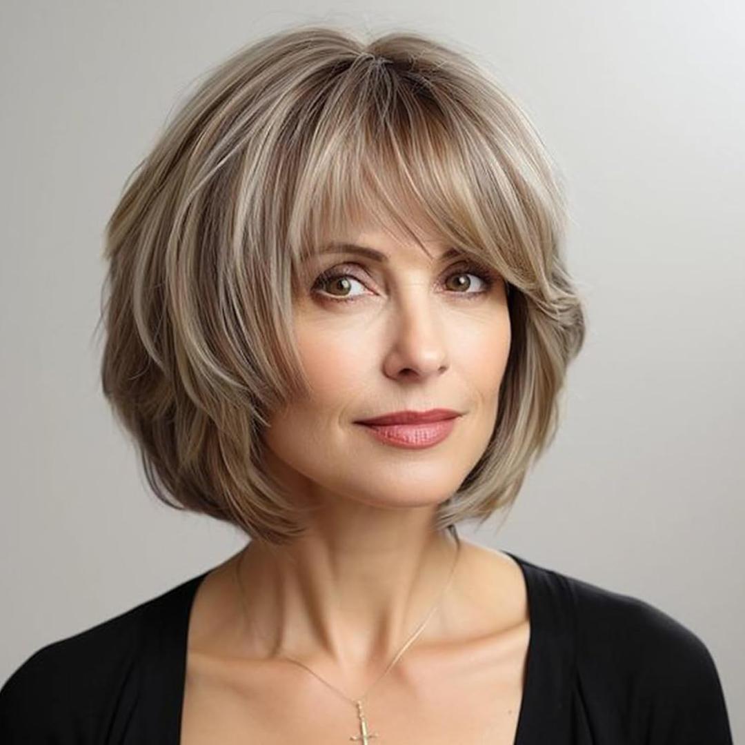 Women Light Brown Wig Short Bob Wig with Bangs Synthetic Modern Cosplay Hair Wig