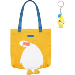 Duck Cute Funny Canvas Tote Bags Reusable Cute Tote with Duck Keychain Graphic Anime Bag for Grocery Shopping Lunch Beach